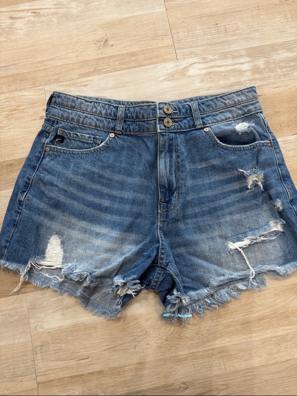 Kancan Distressed Blue Denim Double Button High Waist Shorts size 9/28